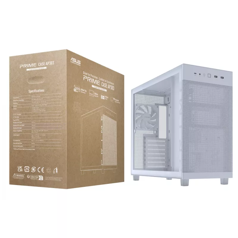 ASUS PRIME AP303 TG 90DC00V3-B39010 PC skriňa Midi Tower, ATX/Micro-ATX, tvrdené sklo, 2x USB 3.2, bez zdroja, biela