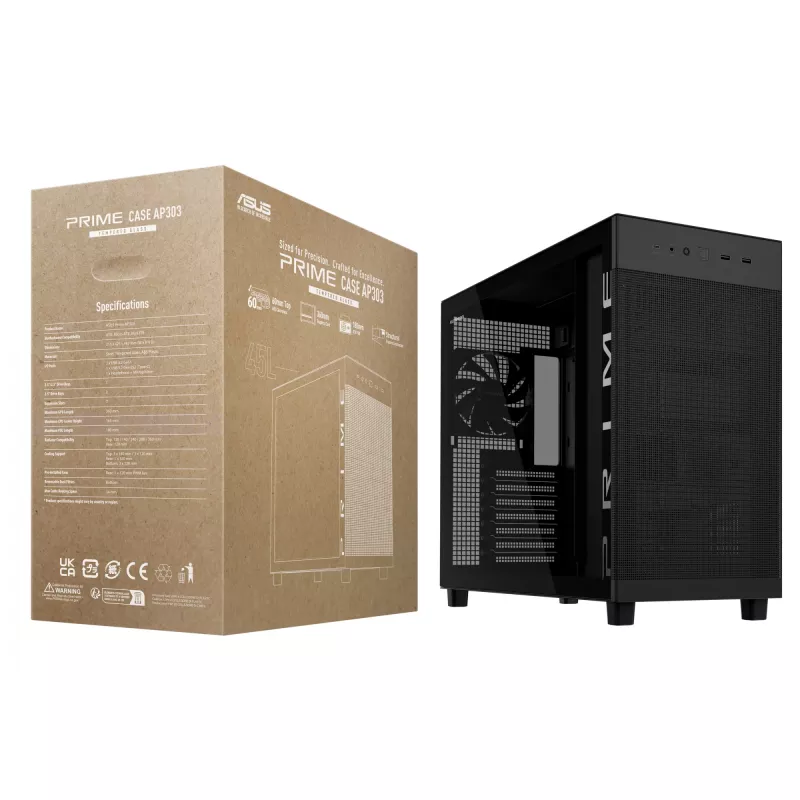 ASUS PRIME AP303 TG 90DC00V0-B39010 PC skriňa Midi Tower, ATX/Micro-ATX/Mini-ITX, tvrdené sklo, 2x USB 3.2, bez zdroja, čierna