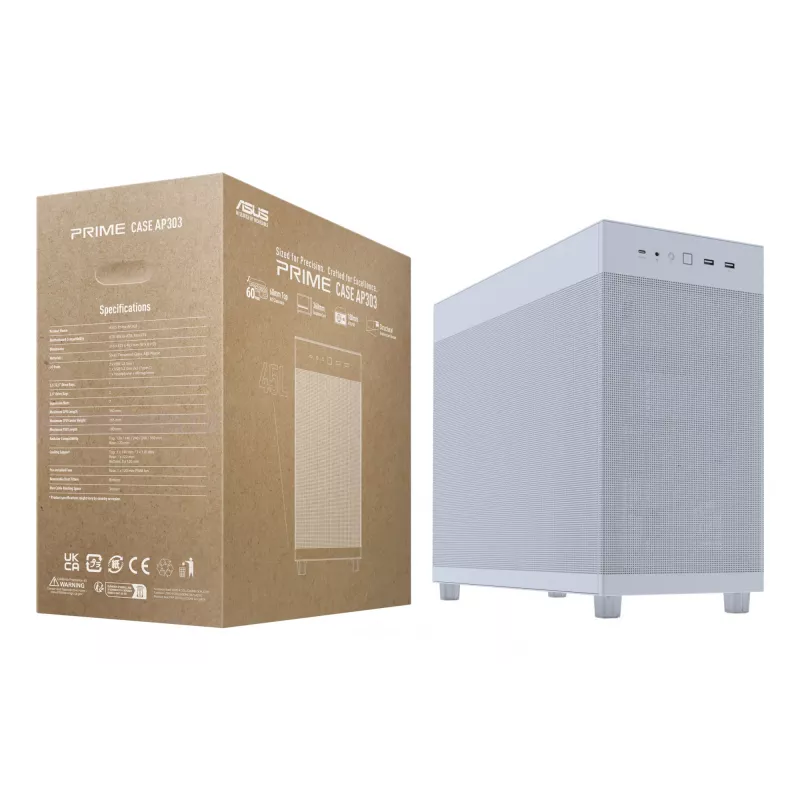 ASUS PRIME AP303 Mesh 90DC00V3-B39000 PC skriňa Midi Tower, ATX/Micro-ATX, sieťový panel, 2x USB 3.2, bez zdroja, biela