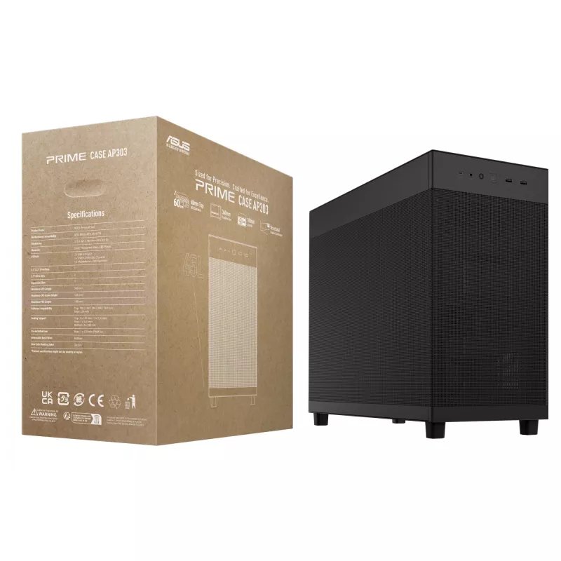 PC skriňa ASUS Prime AP303 Mesh Midi Tower — ATX, podpora GPU 36 cm, CPU chladič 165 mm, USB-A 2×, USB-C 1