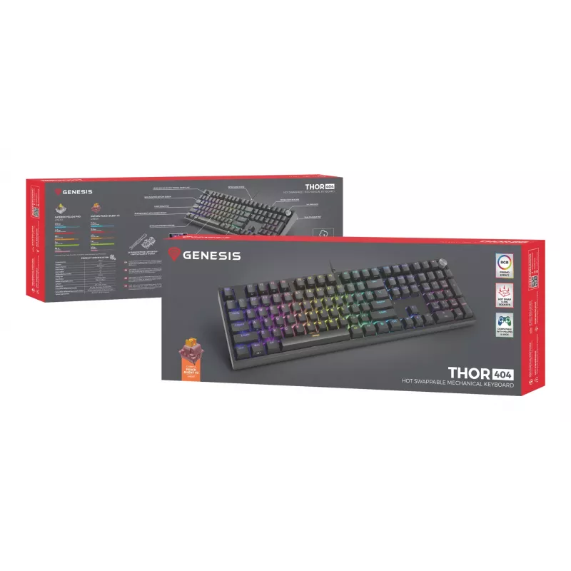 Mechanická klávesnica Genesis THOR 404 — Full-Size 100 % USB QWERTY anglická, čierna, RGB
