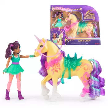 Mini sada bábik Usorteret Unicorn Academy Ava & Leaf Power of Friendship s priesvitným sedlom a 2 doplnkami, 168 mm, plast