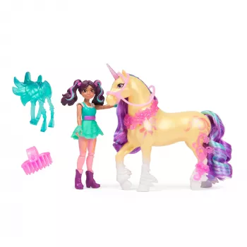 Mini sada bábik Usorteret Unicorn Academy Ava & Leaf Power of Friendship s priesvitným sedlom a 2 doplnkami, 168 mm, plast