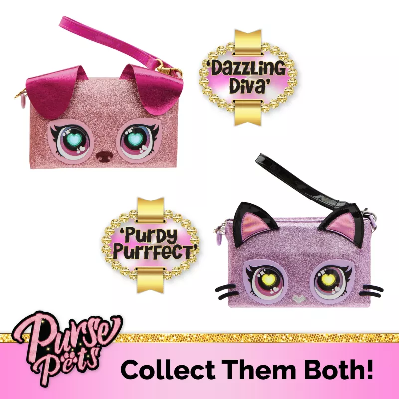 Purse Pets, Keepin’ It Clutch Dazzling Diva hračka šteniatko a náramková kabelka s rozsvietivými dúhovými očami, hračka pre dievčatá od 4 rokov