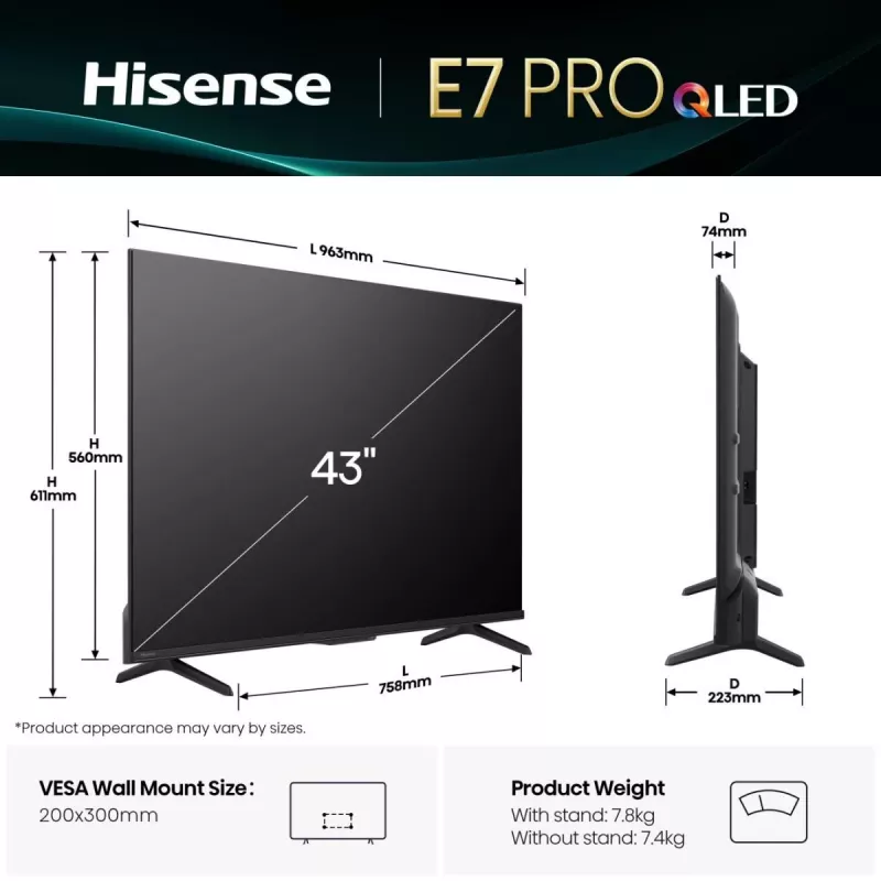 Hisense 43E77Q PRO 109,2 cm (43 palcov) 4K Ultra HD Smart TV Wi-Fi čierna