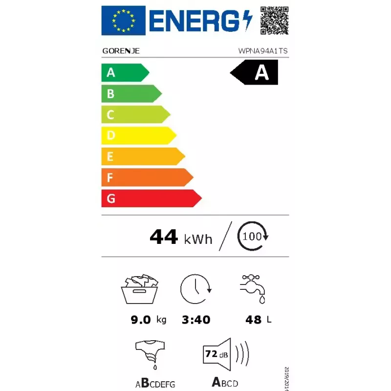 Gorenje WPNA94A1TS práčka s predným plnením 9 kg, 1400 ot./min., ConnectLife Wi-Fi, biela/čierna