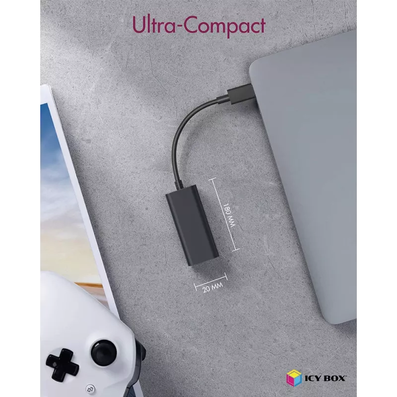 ICY BOX USB 3.0 Type-A na RJ-45 Ethernet port, káblové, USB, Ethernet, 1000 Mbit/s, čierny