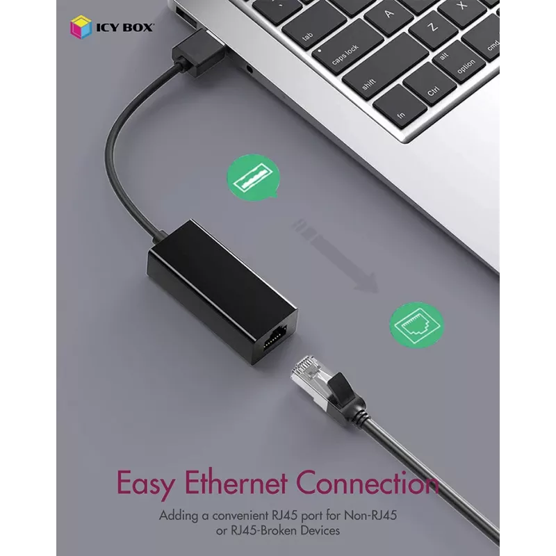 ICY BOX USB 3.0 Type-A na RJ-45 Ethernet port, káblové, USB, Ethernet, 1000 Mbit/s, čierny