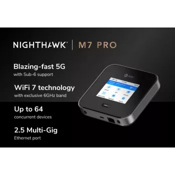 Mobilný router Netgear Nighthawk M7 Pro – tri-band Wi‑Fi 2,4/5/6 GHz, 5G Sub6, LTE, Gigabit Ethernet, USB-C, prenosný, čierny