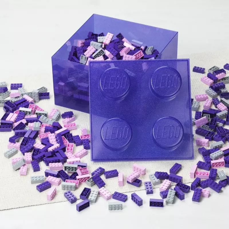 Úložná krabica Room Copenhagen LEGO Storage Brick 4 Top Lid Glitter — fialová/transparentná