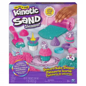 Kinetic Sand Shimmer, sada na hranie pečenie jednorožca, 16 oz (trblietavá tyrkysová a pink neon), 8 nástrojov jednorožca, senzorická hračka pre deti od 3 rokov