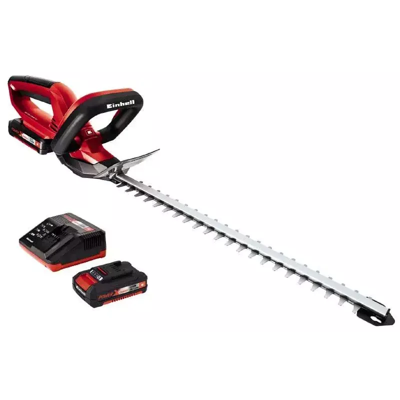 Einhell GE-CH 1846 Li Kit akumulátorové nožnice na živý plot, 18 V, lítium-iónový akumulátor 2,0 Ah, dvojitý nôž, dĺžka rezu 52 cm, červené/čierne