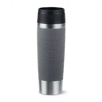 Cestovný hrnček EMSA Classic Grande 500 ml — sivá nehrdzavejúca oceľ, silikónový kryt, polypropylénové viečko, Ø 8,3 cm × 240 mm