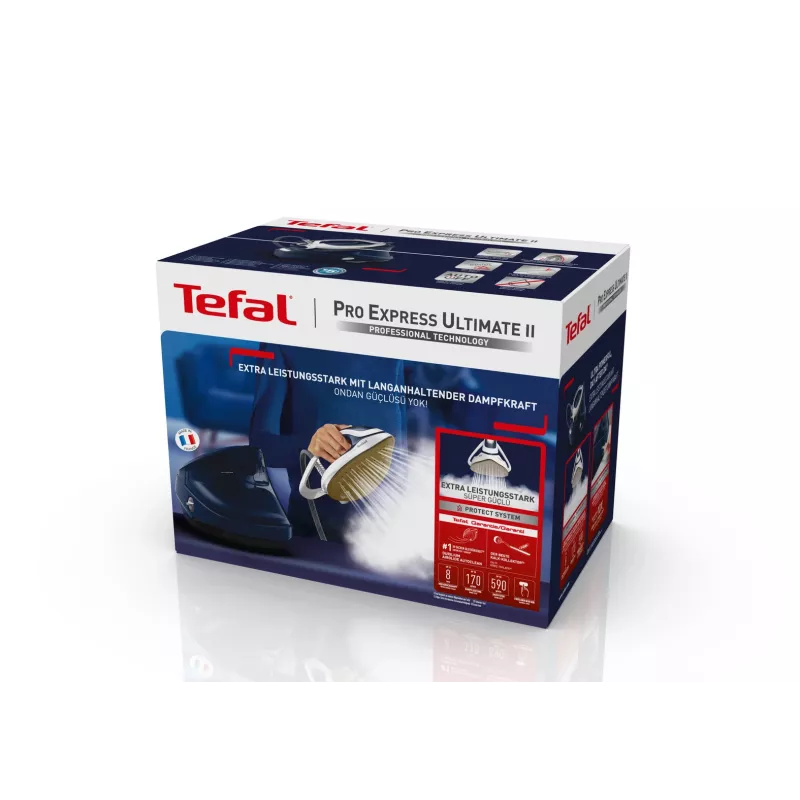 Tefal Pro Express Ultimate II GV9720 naparovacia žehlička s generátorom pary, 3000 W, 1,2 l, žehliaca plocha Durilium Airglide Autoclean Ultra Thin, modrá/biela