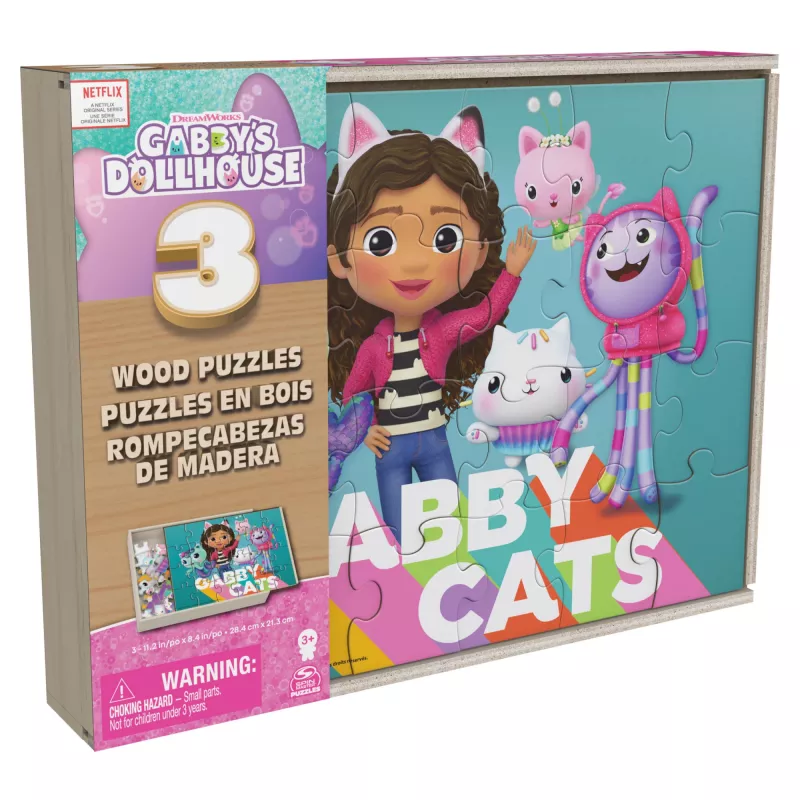 Hry Gabby’s Dollhouse, 3 drevené puzzle 24-dielne puzzle s drevenou úložnou krabicou detské puzzle, pre predškolákov od 3 rokov