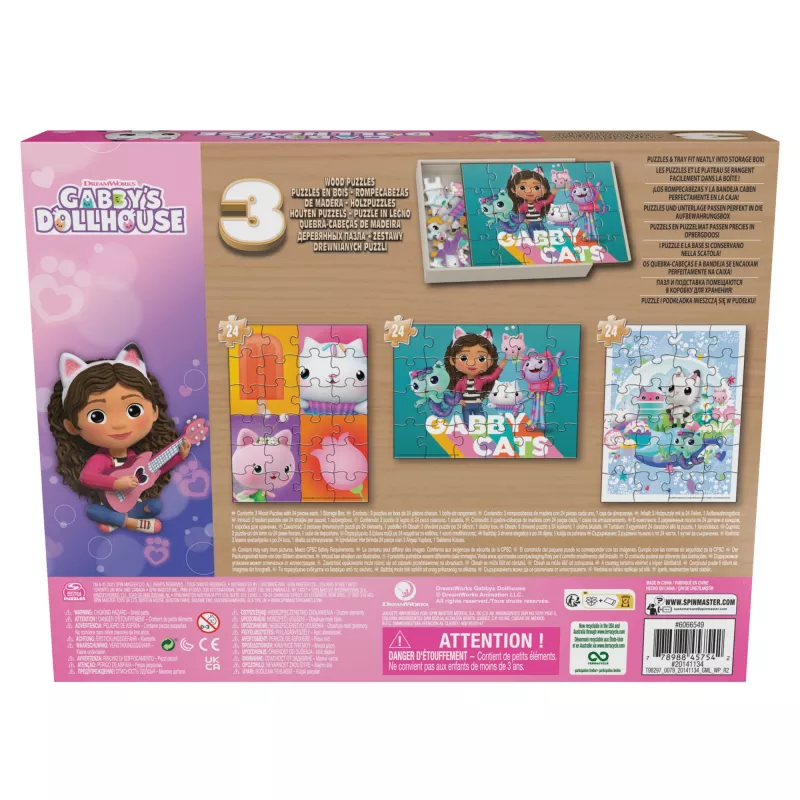 Hry Gabby’s Dollhouse, 3 drevené puzzle 24-dielne puzzle s drevenou úložnou krabicou detské puzzle, pre predškolákov od 3 rokov