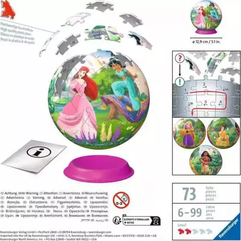 3D puzzle guľa Ravensburger Disney Princess – 72 dielov, sférické puzzle