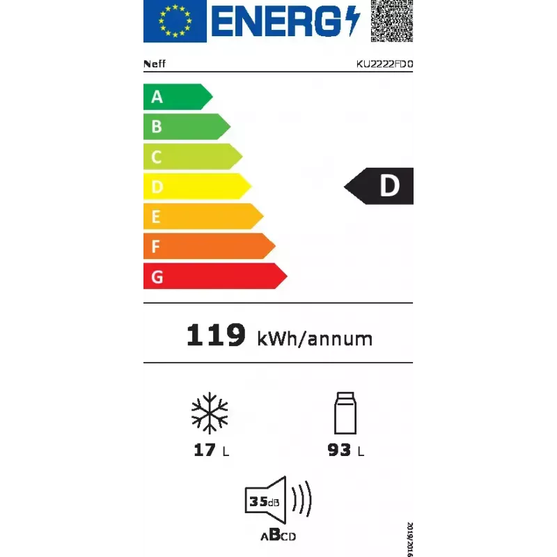 Vstavaná chladnička NEFF KU2222FD0 110 L (chladnička 93 L / mraznička 17 L) biela, pravé otváranie