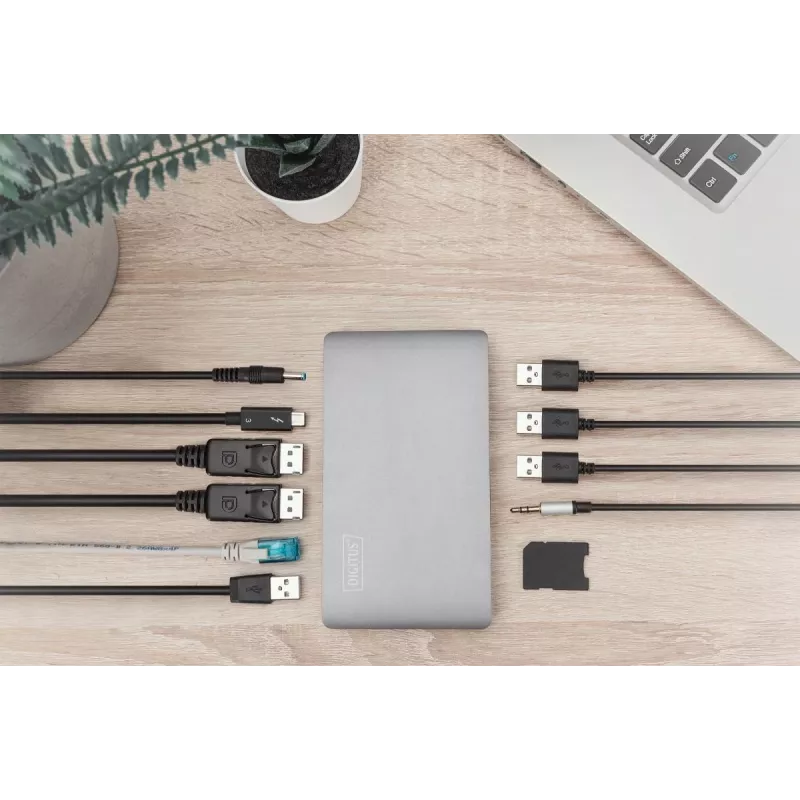 DIGITUS dokovacia stanica USB-C – 2x USB Type-C / 2x USB 3.0 10 Gbit/s / USB 3.0 5 Gbit/s / 2x DP / GbE / Micro-SD / SD / 3,5 mm – 60 W USB Power Delivery