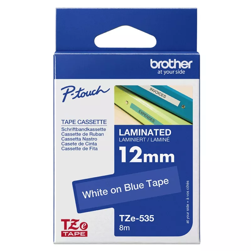Štítková páska Brother TZe535 12mm biela na modrej
