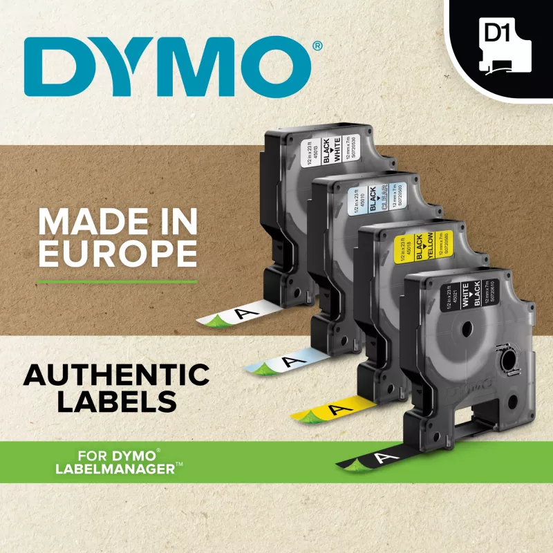 DYMO D1 vysoko výkonné permanentné polyesterové etikety | 12 mm x 5,5 m rolka | čierna tlač na bielej | samolepiace etikety pre LabelManager tlačiareň etikiet | originál