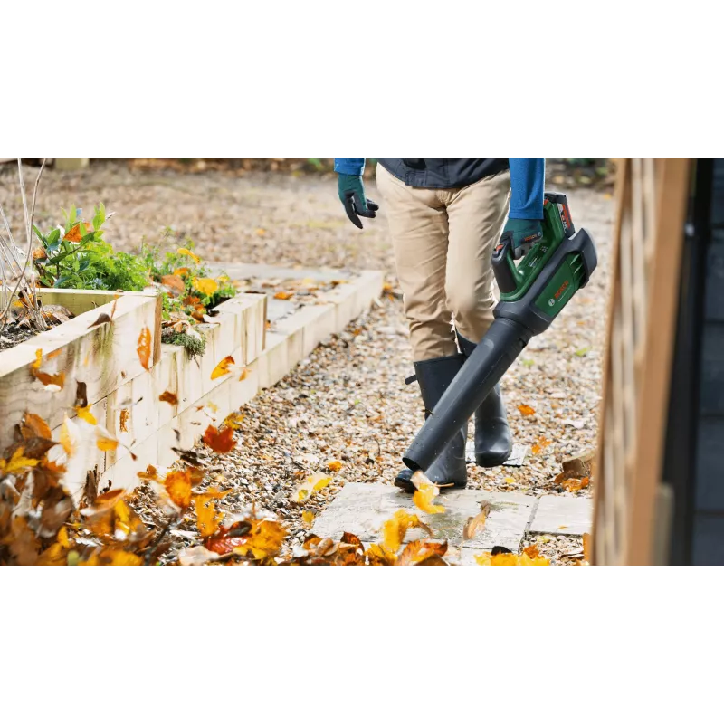 Bosch AdvancedLeafBlower 36V-750 akumulátorový fúkač lístia, 36 V, 1x 2,0 Ah, nabíjačka, 750 m³/h, 100-200 km/h, bezuhlíkový, 3,5 kg, zelený/čierny