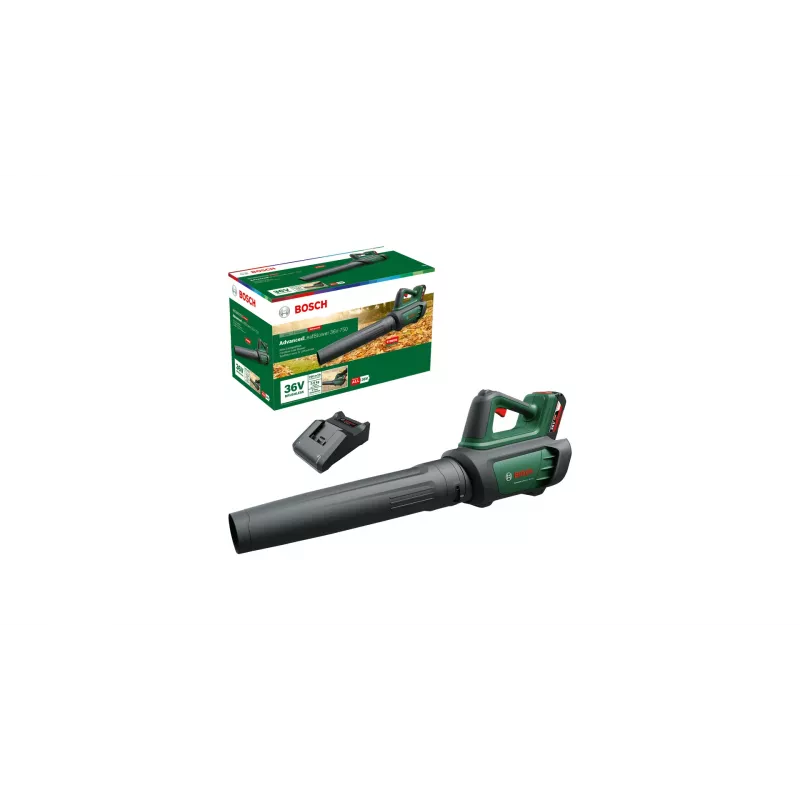 Bosch AdvancedLeafBlower 36V-750 akumulátorový fúkač lístia, 36 V, 1x 2,0 Ah, nabíjačka, 750 m³/h, 100-200 km/h, bezuhlíkový, 3,5 kg, zelený/čierny