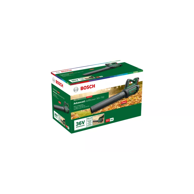Bosch AdvancedLeafBlower 36V-750 akumulátorový fúkač lístia, 36 V, 1x 2,0 Ah, nabíjačka, 750 m³/h, 100-200 km/h, bezuhlíkový, 3,5 kg, zelený/čierny