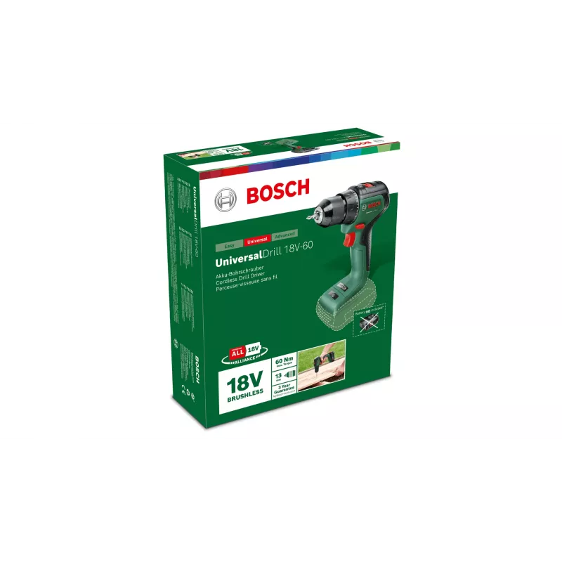 Bosch UniversalDrill 18V-60 akumulátorová vŕtačka-skrutkovač, 18 V, 60 Nm, 1900 ot./min, 2-rýchlostná, bez akumulátora, zelená/čierna