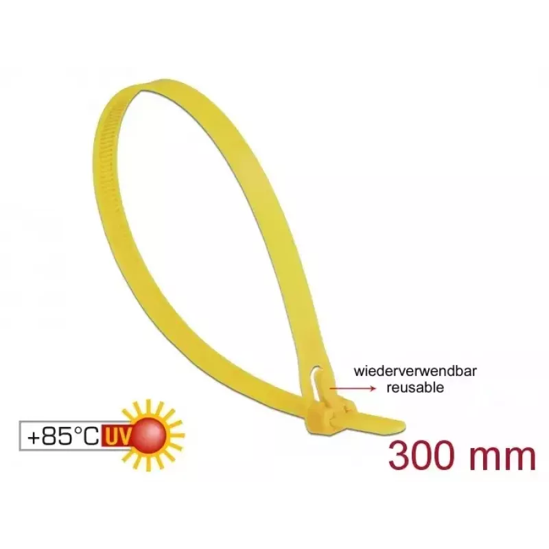 Odnímateľná káblová spona DELOCK 18761 — nylon, 300 mm x 7,6 mm, žltá, 100 ks