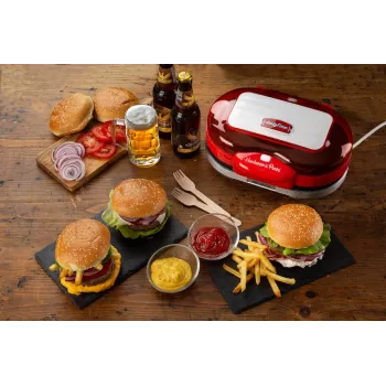 Ariete 205 Hamburger Maker Party Time, stroj na hamburgery, 1200 W, dvojité nepriľnavé platne, 2 priehradky, ľahko čistiteľný, červený