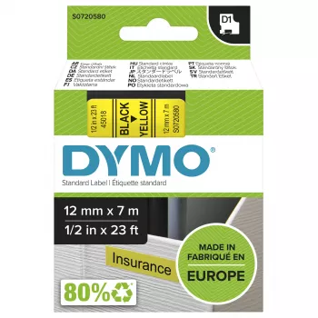 DYMO Authentic D1 etikety | Čierna tlač na žltej páske | 12 mm x 7 m | Samolepiace etikety pre tlačiarne etikiet LabelManager | Vyrobené v Európe