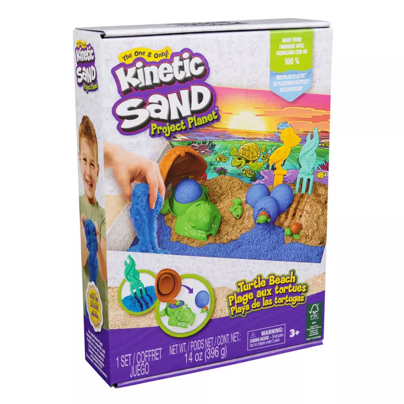 Kinetic Sand, Project Planet Turtle Beach s 397g hracieho piesku, nástrojmi a formičkami, udržateľné ekologické materiály, senzorická hračka pre deti