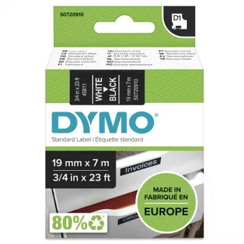 Autentické etikety DYMO D1 | Biela tlač na čiernej páske | 19 mm x 7 m | Samolepiace etikety pre tlačiarne etikiet LabelManager | Vyrobené v Európe