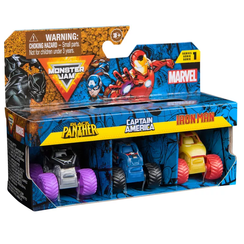 Monster Jam, Marvel Mini Monster Truck 3 ks balenie, Black Panther, Captain America, Iron Man lisované monštrá, mierka 1:87, hračka pre chlapcov od 3 rokov
