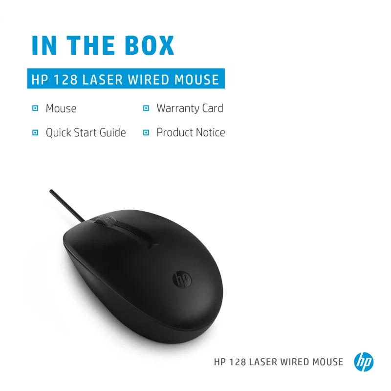 HP 128 laserová káblová myš, obojručná, laser, USB Type-A, 1200 DPI, čierna