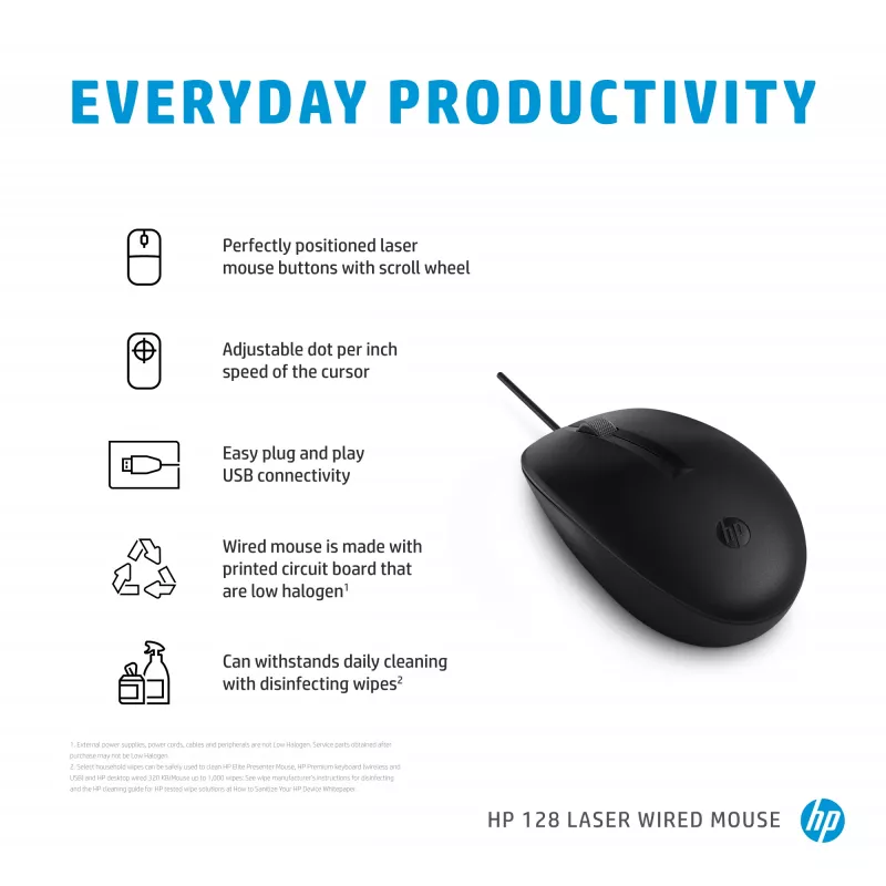 HP 128 laserová káblová myš, obojručná, laser, USB Type-A, 1200 DPI, čierna