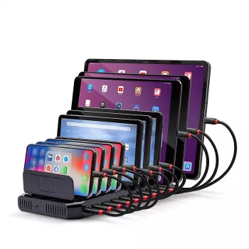 Lindy 96W 10 port USB nabíjacia stanica, voľne stojaca, plast, čierna, kontakt, so všetkými USB Type-A zariadeniami, napájanie