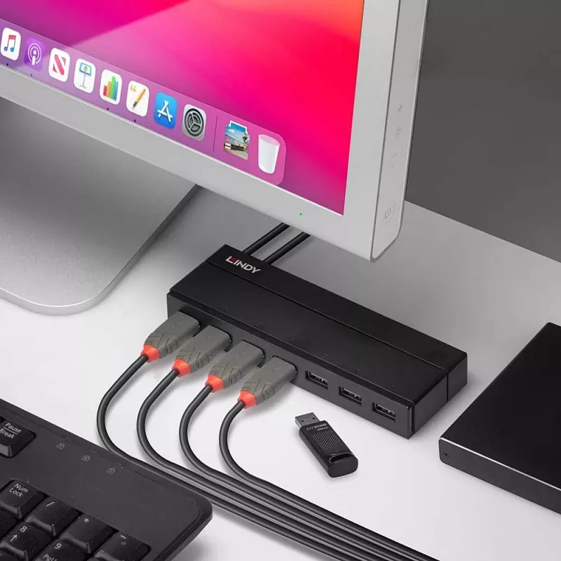 Lindy 7 port USB 3.0 hub, USB 3.2 Gen 1 (3.1 Gen 1) Type-A, USB 3.2 Gen 1 (3.1 Gen 1) Type-A, USB 3.2 Gen 1 (3.1 Gen 1), 5000 Mbit/s, čierny, plast