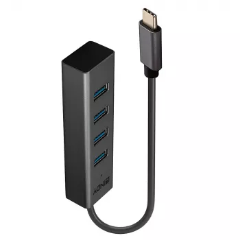 Lindy 4 port USB 3.2 Type-C hub, USB 3.2 Gen 1 (3.1 Gen 1) Type-C, USB 3.2 Gen 1 (3.1 Gen 1) Type-A, 5000 Mbit/s, sivá, hliník, plast, 0,3 m