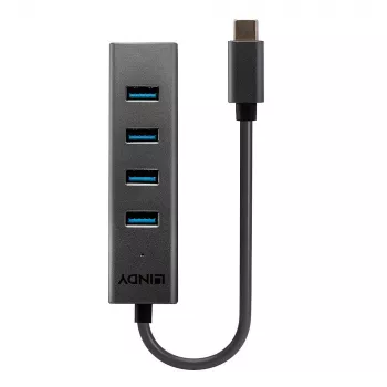 Lindy 4 port USB 3.2 Type-C hub, USB 3.2 Gen 1 (3.1 Gen 1) Type-C, USB 3.2 Gen 1 (3.1 Gen 1) Type-A, 5000 Mbit/s, sivá, hliník, plast, 0,3 m