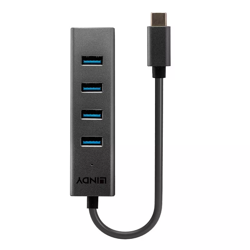 Lindy 43325 4-portový rozbočovač USB 3.2 Gen 1 Type-C, 4x USB-A, 5 Gbps, sivý, hliník/plast