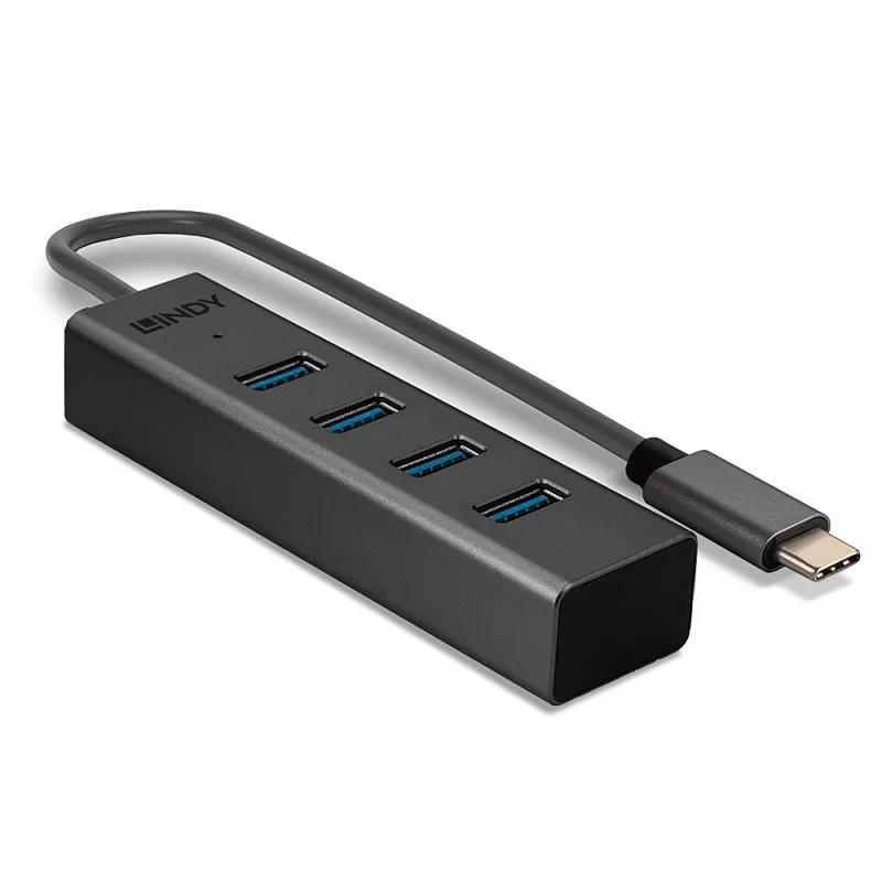 Lindy 43325 4-portový rozbočovač USB 3.2 Gen 1 Type-C, 4x USB-A, 5 Gbps, sivý, hliník/plast