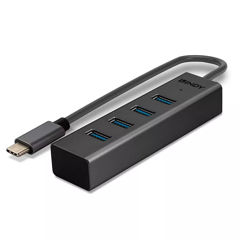 Lindy 43325 4-portový rozbočovač USB 3.2 Gen 1 Type-C, 4x USB-A, 5 Gbps, sivý, hliník/plast