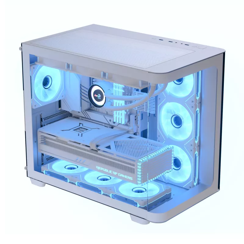 PC skriňa Aerocool P500C Midi Tower biela ATX bočný napájací zdroj 3x 120 mm ventilátory