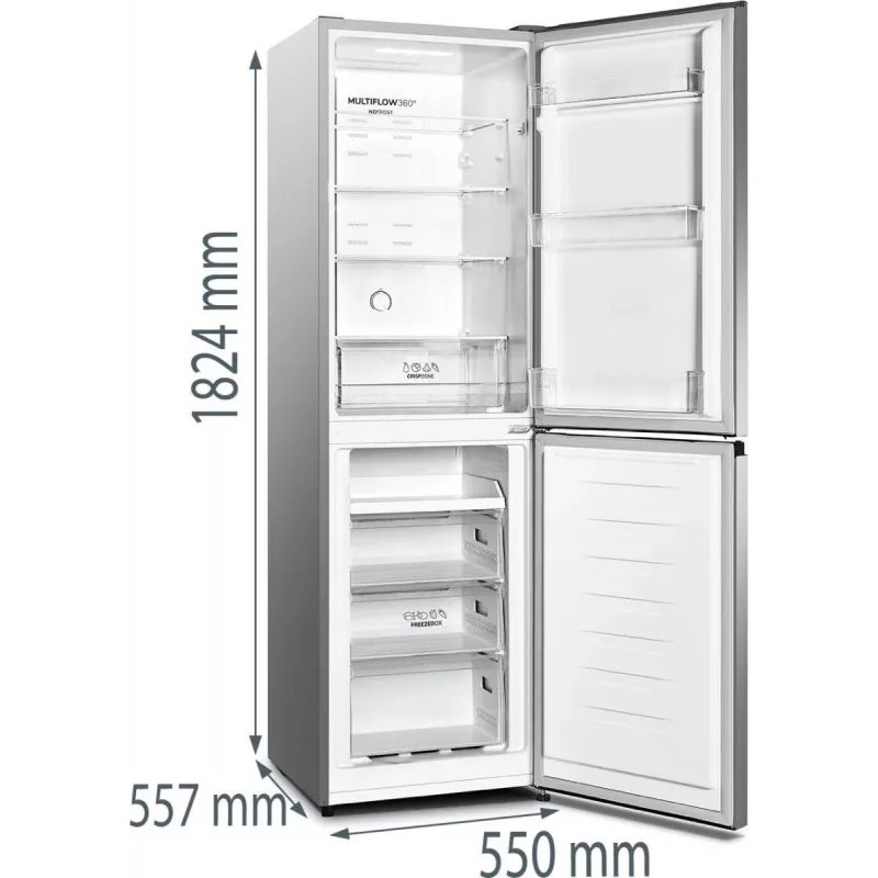 Gorenje NRK418DCS4 voľne stojaca kombinovaná chladnička, 256 l (171 l + 85 l), trieda D, 182,4 cm, strieborná