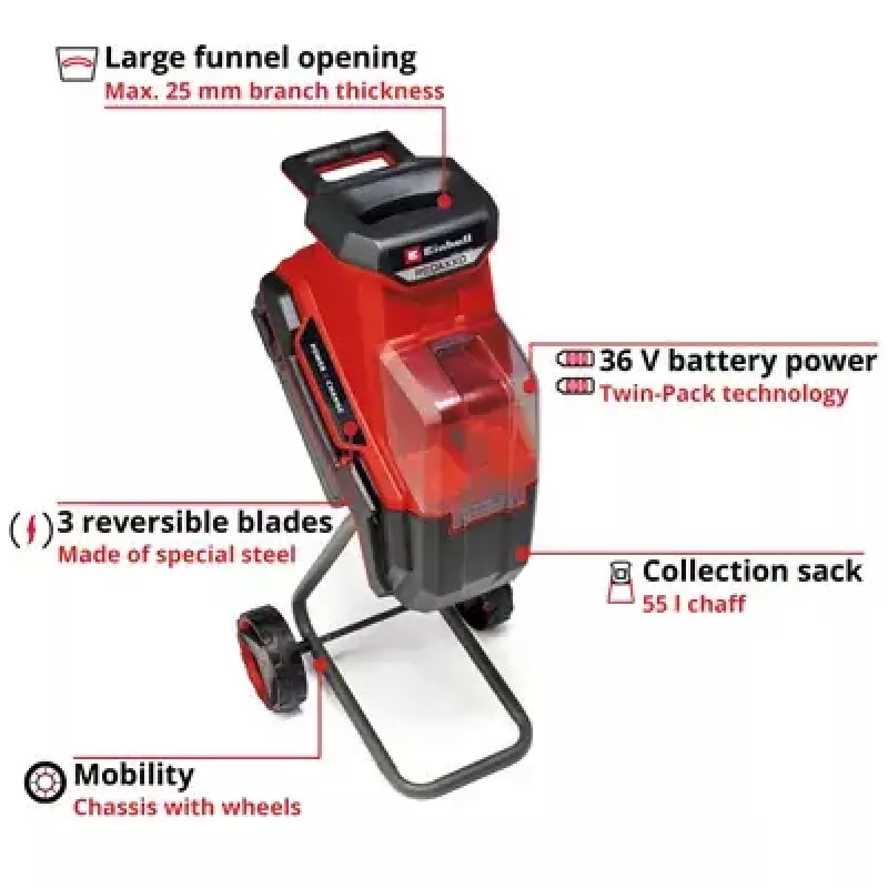 Einhell REDAXXO 36/25 akumulátorový nožový záhradný drvič, 36 V (2x18 V), max. priemer vetvy 25 mm, solo bez akumulátora a nabíjačky, červený/čierny