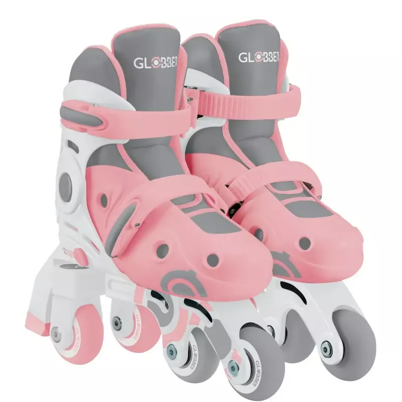 Detské učebné kolieskové korčule GLOBBER 2 v 1 veľkosť 30–33 ružové – nastaviteľná sada inline/quad pre začiatočníkov