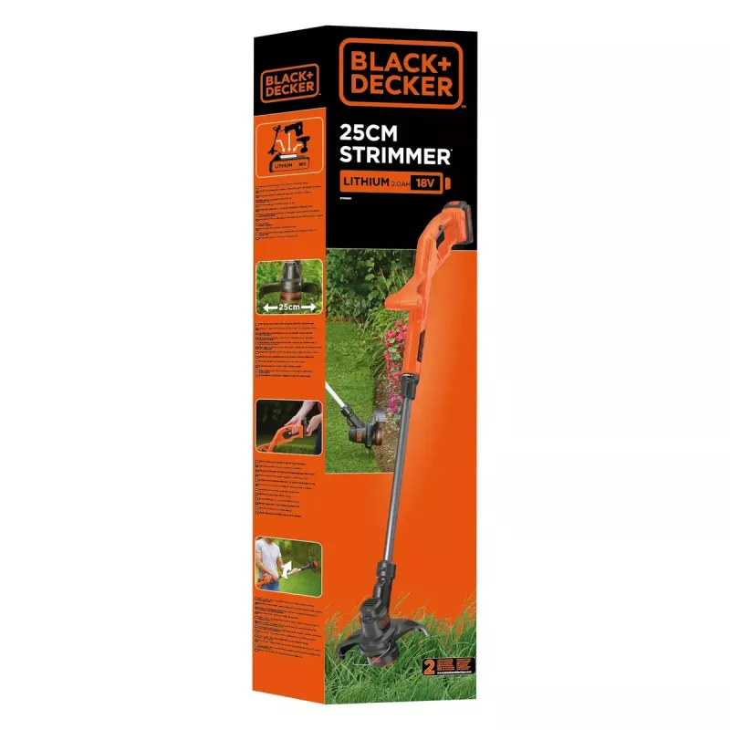 Black & Decker ST182320-QW akumulátorový strunový vyžínač, 18 V, 2,0 Ah Li-Ion, šírka kosenia 25 cm, s akumulátorom a nabíjačkou, oranžový/čierny