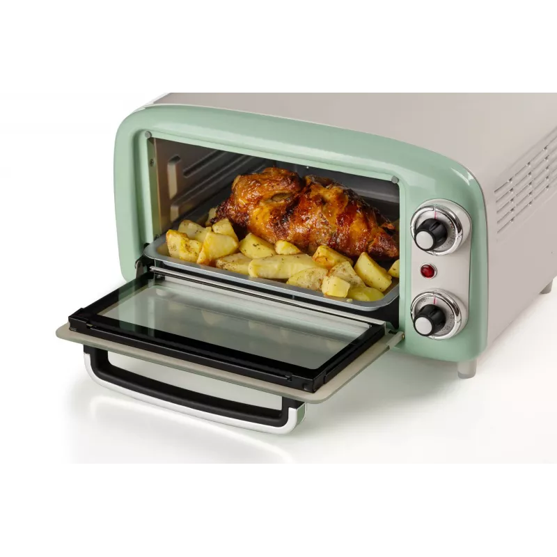 Ariete 3919 elektrická mini rúra Vintage, 800 W, objem 10 L, dvojité sklo, retro, zelená